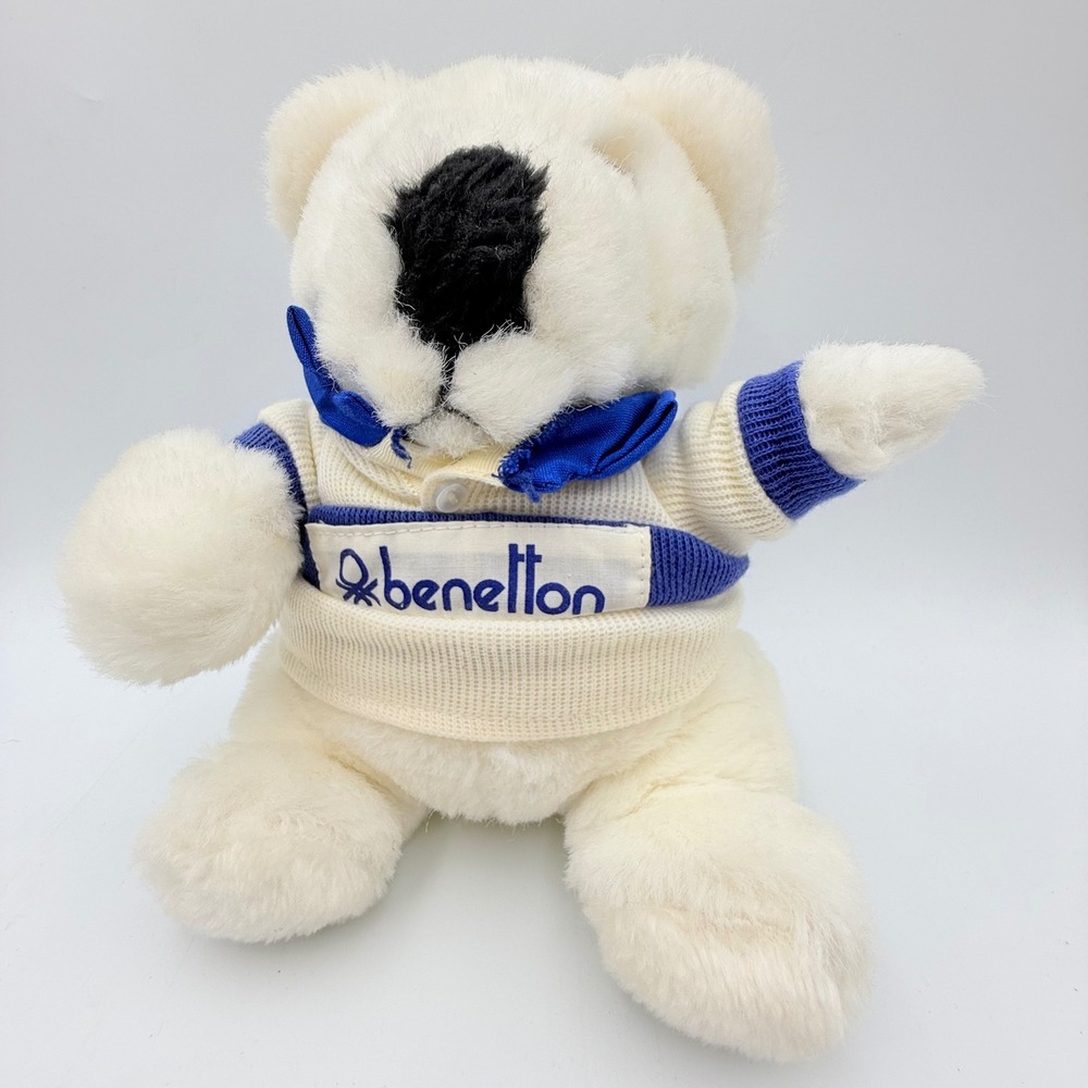 Vintage 1985 Benetton Commonwealth Teddy Bear White Plush Blue Striped Sweater